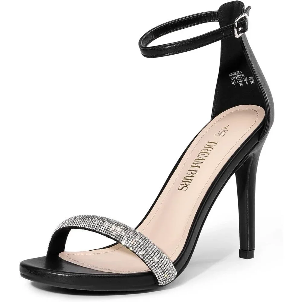 Women's Black-Rhinestone Flower Ankle Strap Stiletto Round Open Toe Stylish Heel